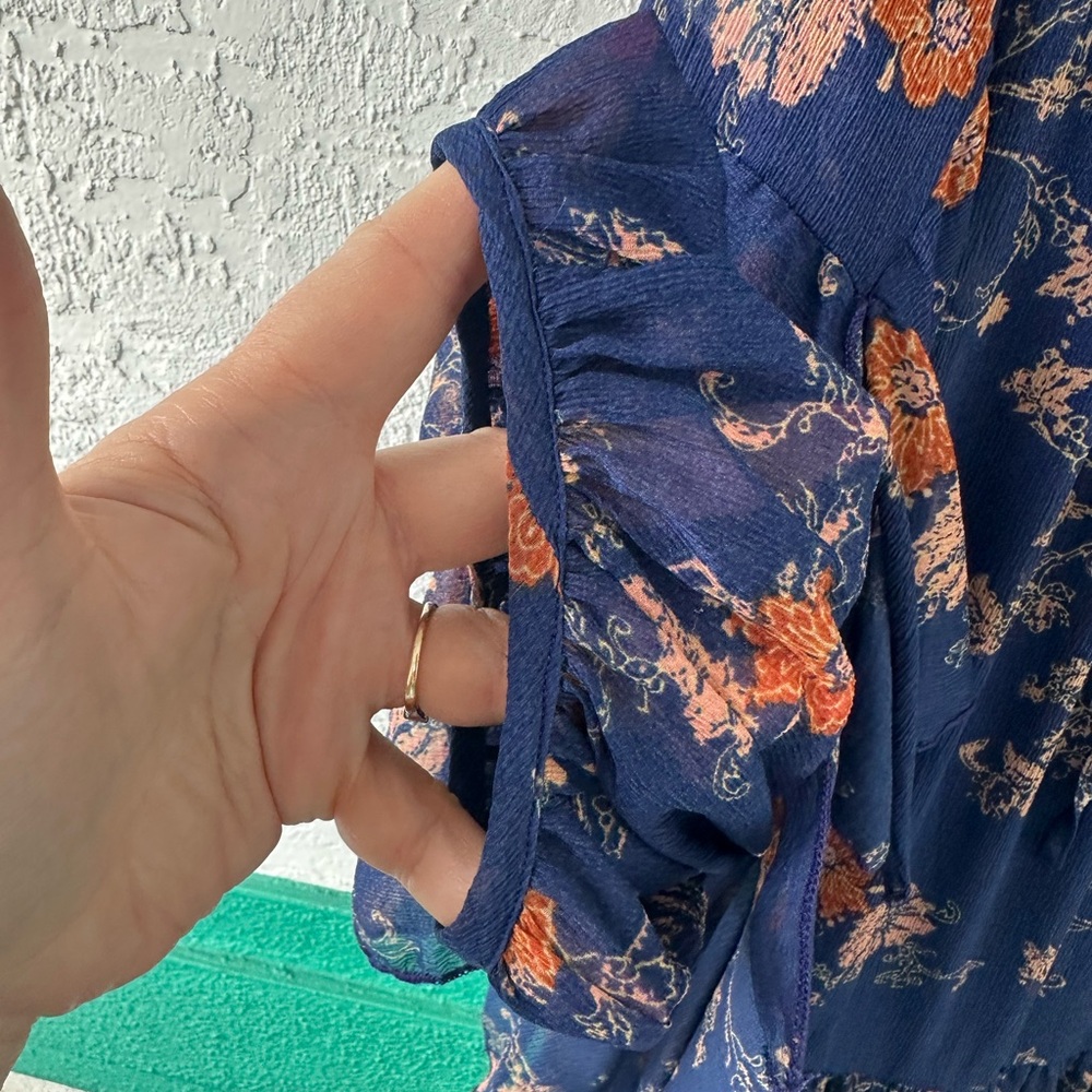 Free People Sunsetter Floral Blue Mini Dress Flowy Large - Picture 7 of 11